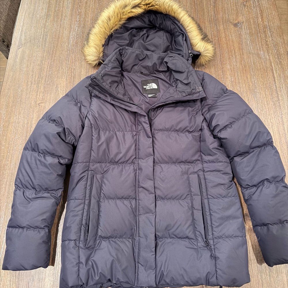 The North Face Women's Navy Down Puffer Coat with Faux Fur Trim Hood